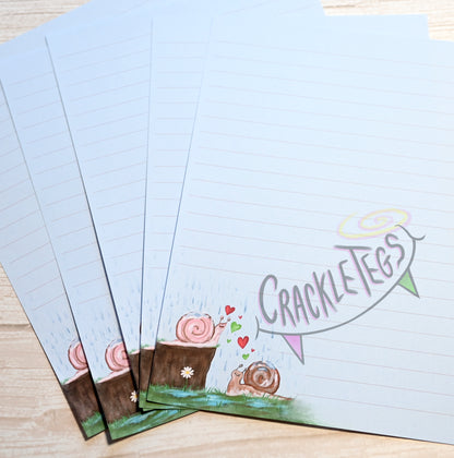 Garden Snails in Love Writing Paper. 5 or 10 Sheets, Plain or Lined.