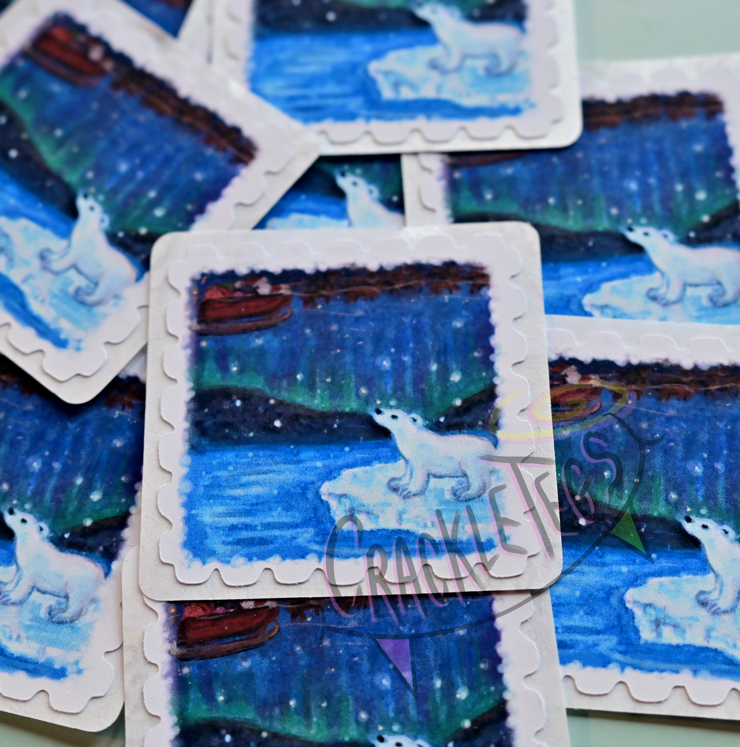 Christmas Polar Night Stamp Stickers. Pack of 8, Originally Hand-Painted.