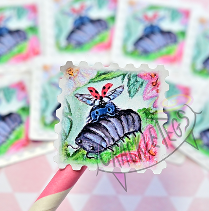 Happy Bug Stamp Stickers. Pack of 8, Originally Hand-Painted.