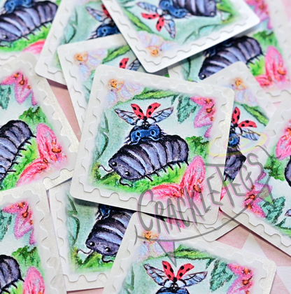 Happy Bug Stamp Stickers. Pack of 8, Originally Hand-Painted.