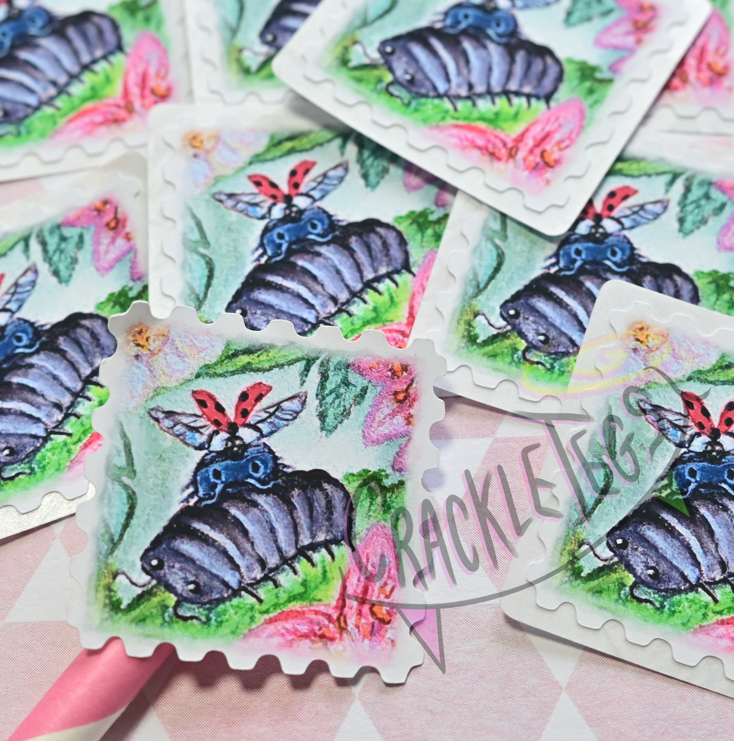 Happy Bug Stamp Stickers. Pack of 8, Originally Hand-Painted.