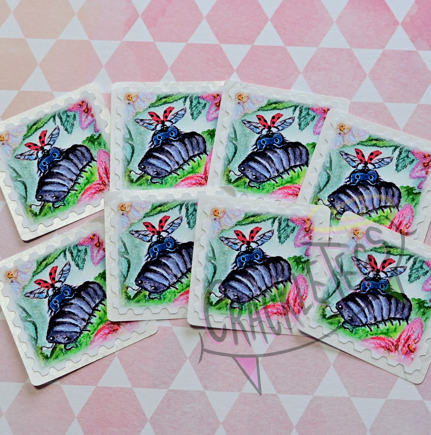 Happy Bug Stamp Stickers. Pack of 8, Originally Hand-Painted.