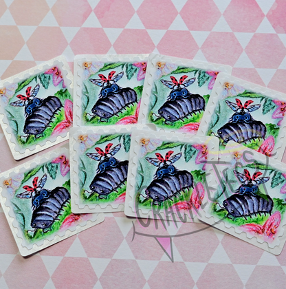 Happy Bug Stamp Stickers. Pack of 8, Originally Hand-Painted.