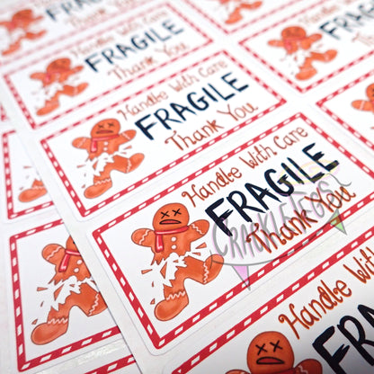 Fragile Gingerbread Stickers, Sheet of 10.