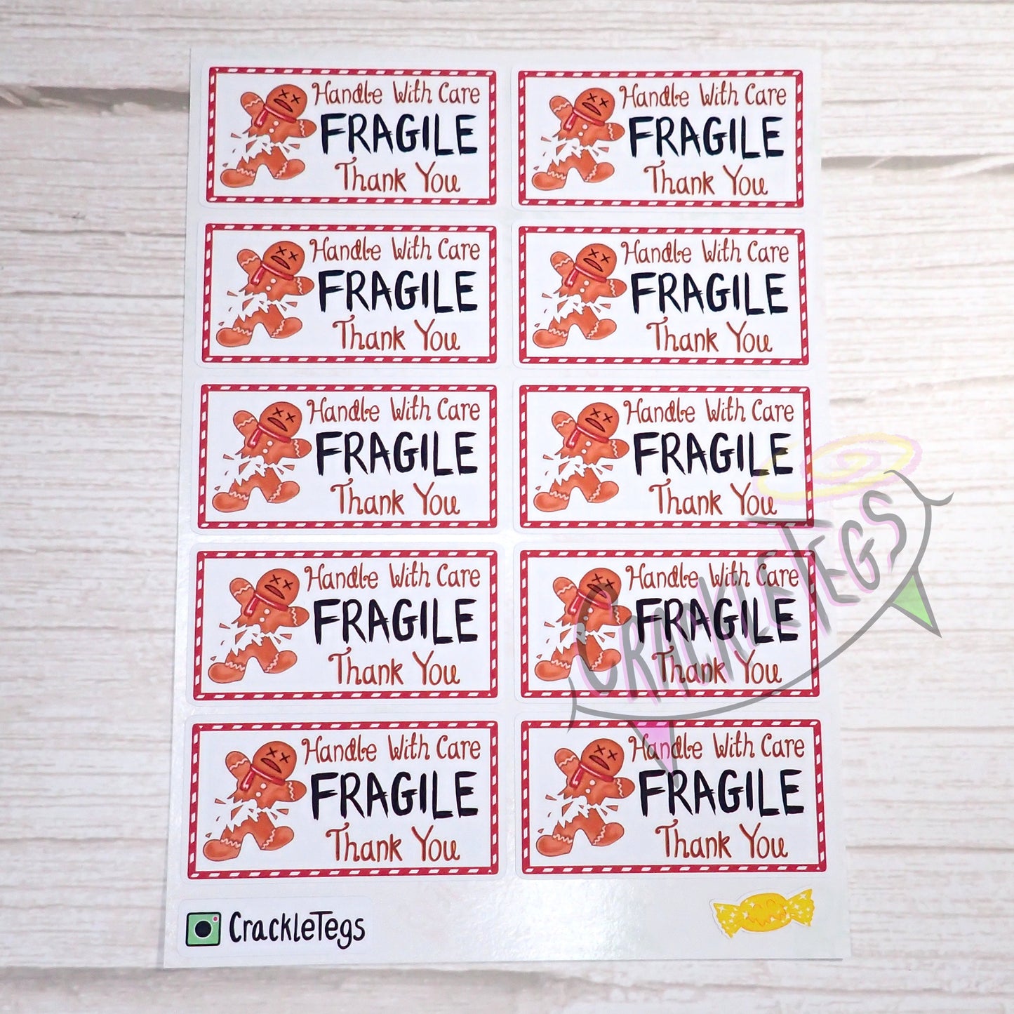 Fragile Gingerbread Stickers, Sheet of 10.