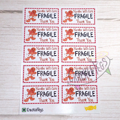 Fragile Gingerbread Stickers, Sheet of 10.