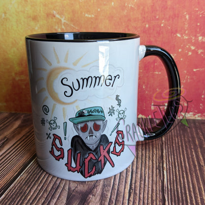 Summer Sucks, Cursing Vampire Mug. Hand Drawn CrackleTegs Original Design.