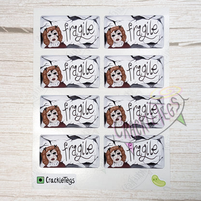 Fragile Scary Doll Stickers, Sheet of 8.