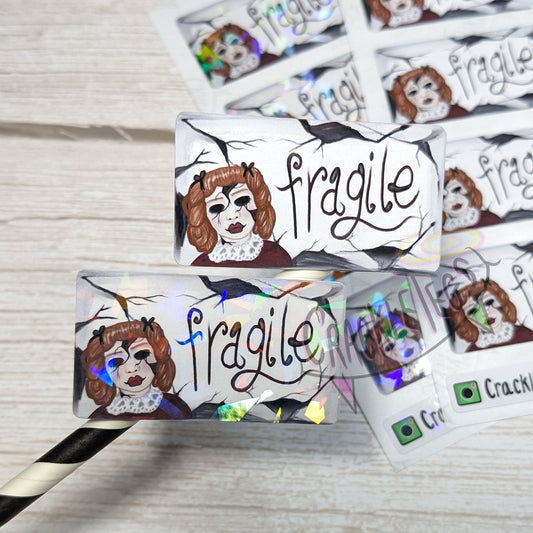 Fragile Scary Doll Stickers, Sheet of 8.