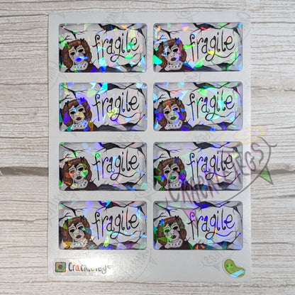 Fragile Scary Doll Stickers, Sheet of 8.