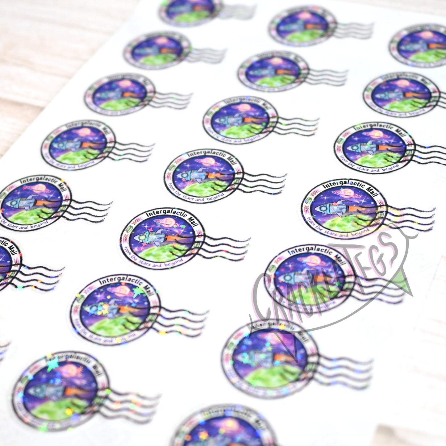 Intergalactic Mail Stamp Stickers, A4 sheet of 21 stickers.