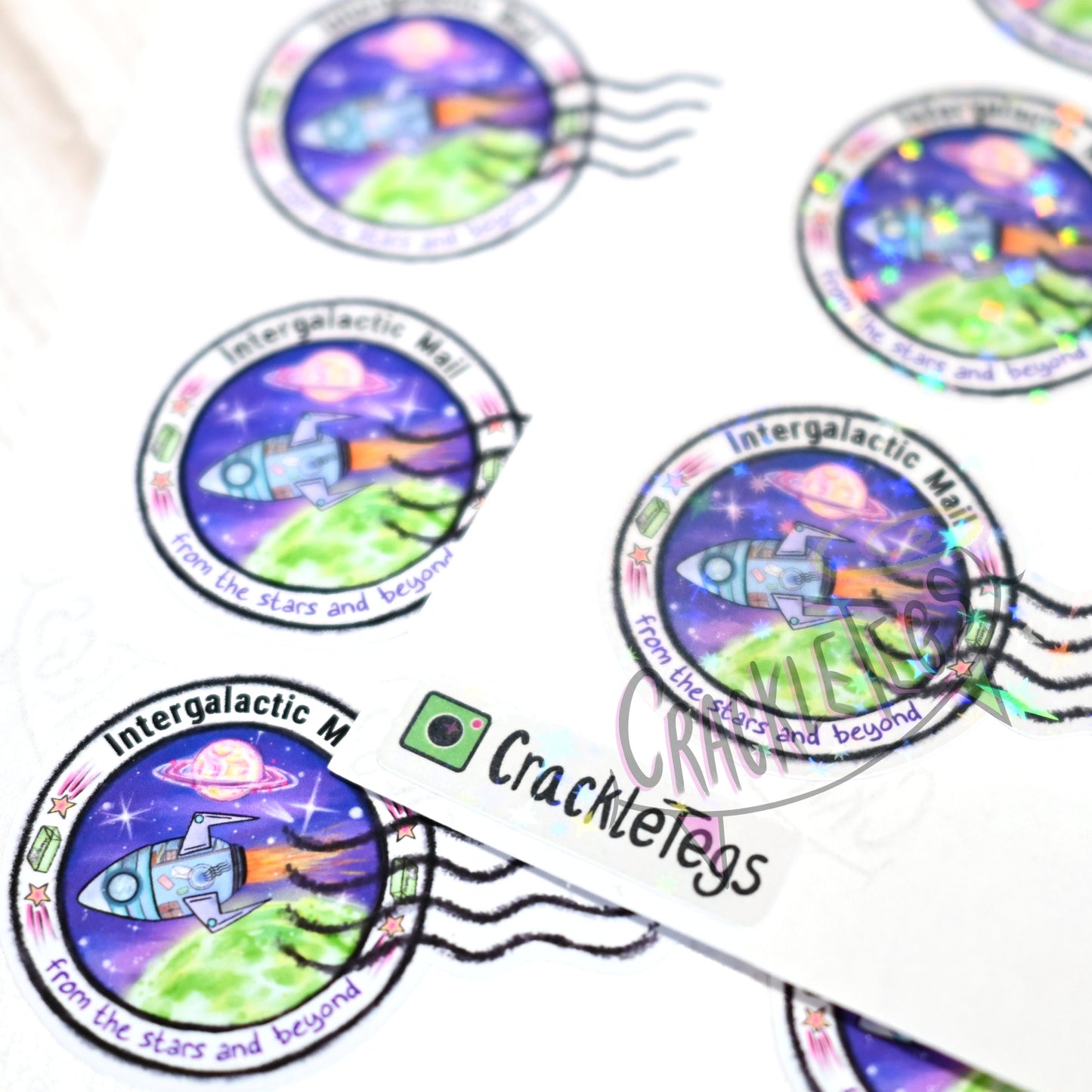 Intergalactic Mail Stamp Stickers, A4 sheet of 21 stickers.