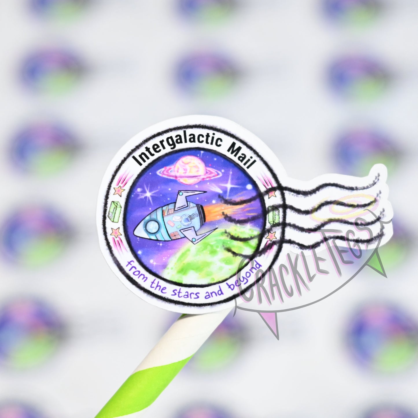 Intergalactic Mail Stamp Stickers, A4 sheet of 21 stickers.