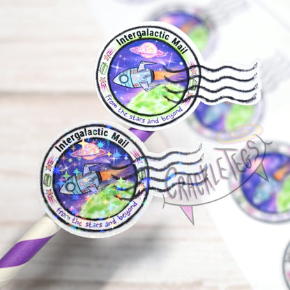 Intergalactic Mail Stamp Stickers, A4 sheet of 21 stickers.