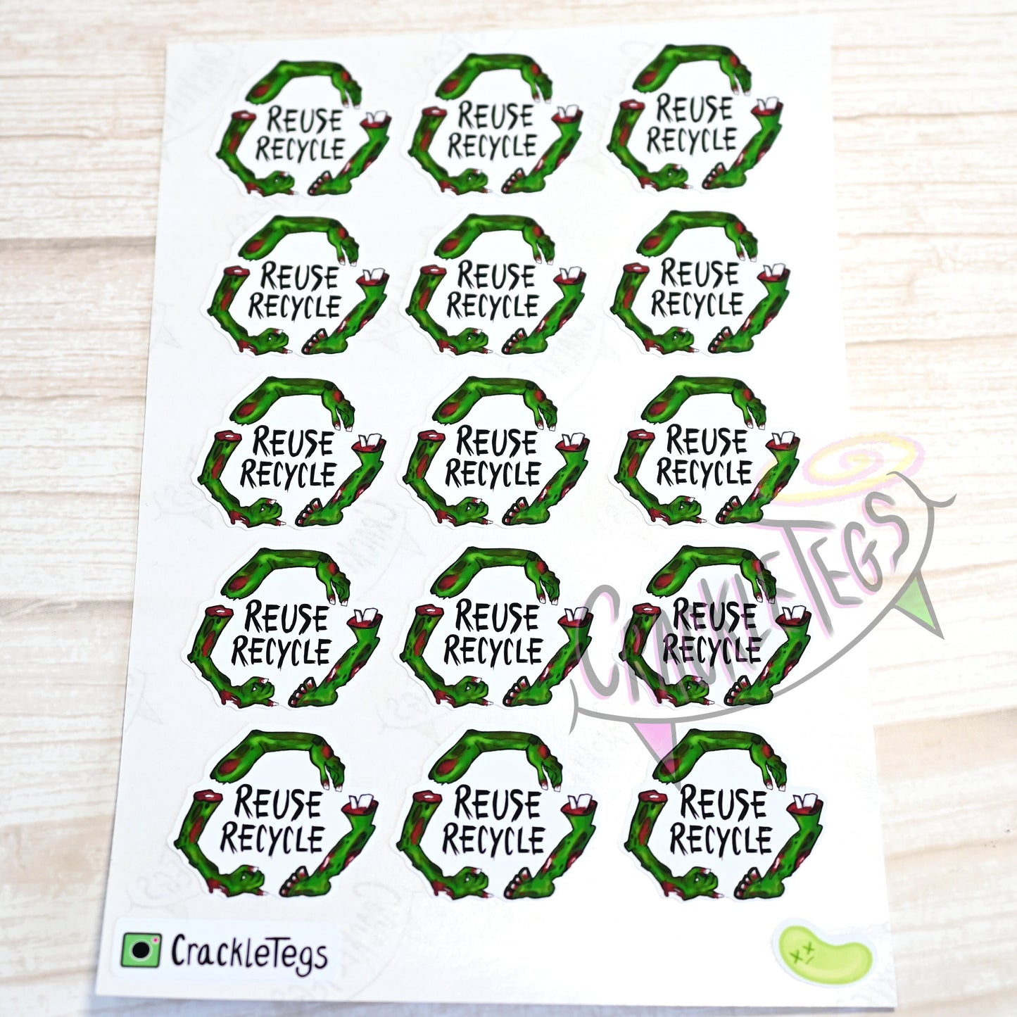 Zombie Reuse Recycle Stickers. Sheet of 15.