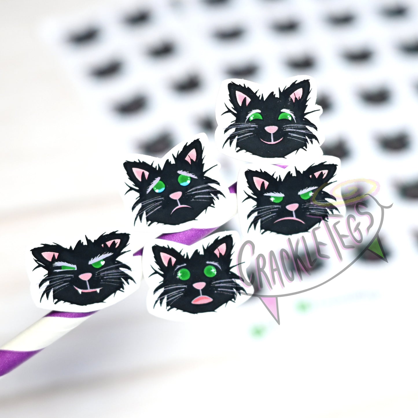 Scraggy Black Cat Emoji Stickers, Sheet of 35.