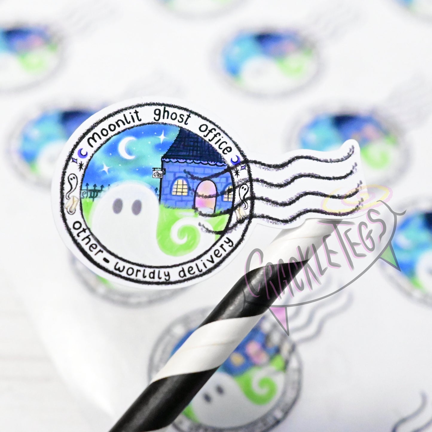 Moonlit Ghost Office Stamp Stickers, Sheet of 21.