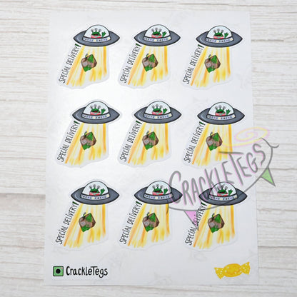 Alien Special Delivery Stickers, Sheet of 9 stickers.