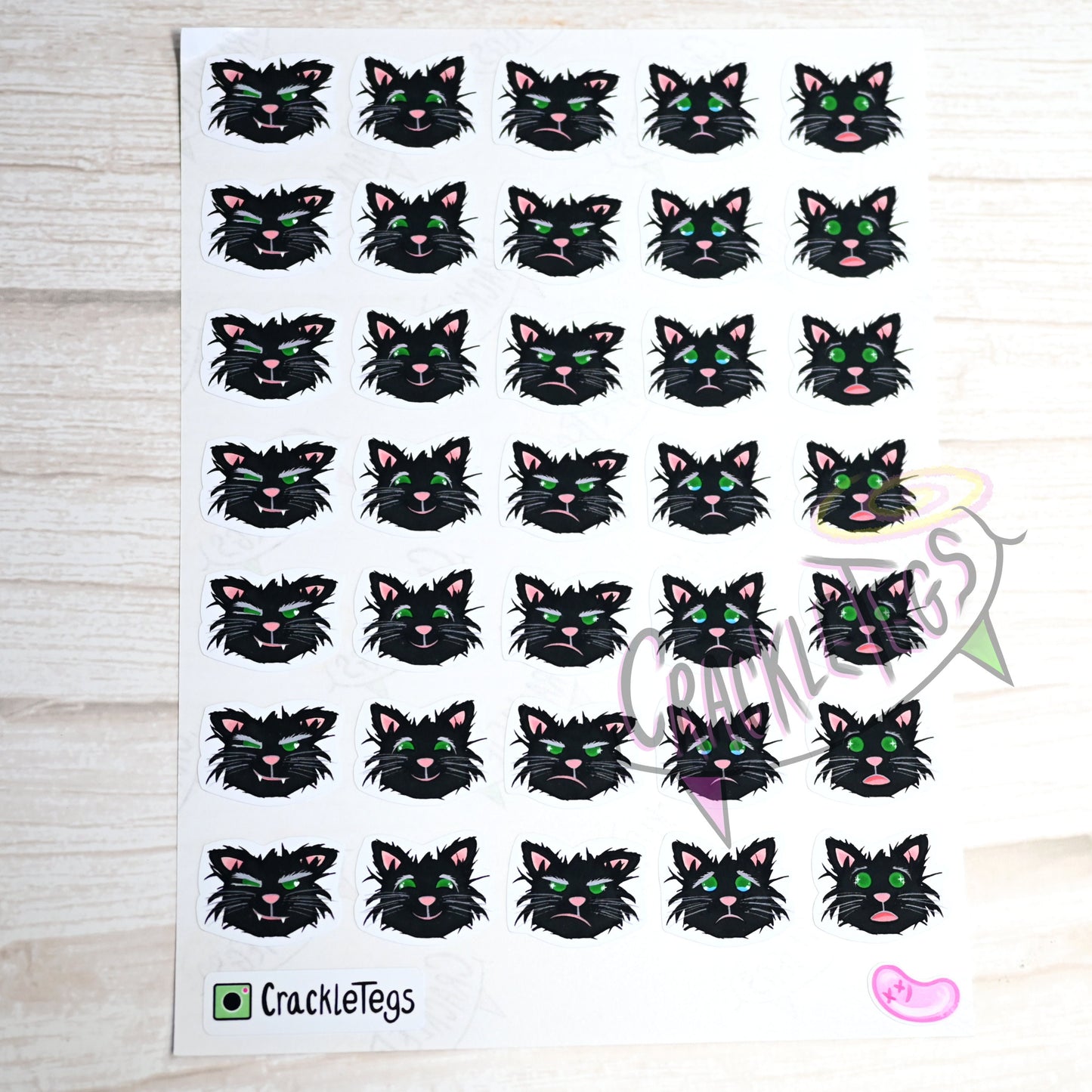 Scraggy Black Cat Emoji Stickers, Sheet of 35.