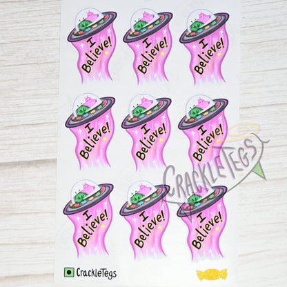 Cute I Believe Alien Stickers, Sheet of 9.