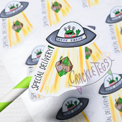 Alien Special Delivery Stickers, Sheet of 9 stickers.