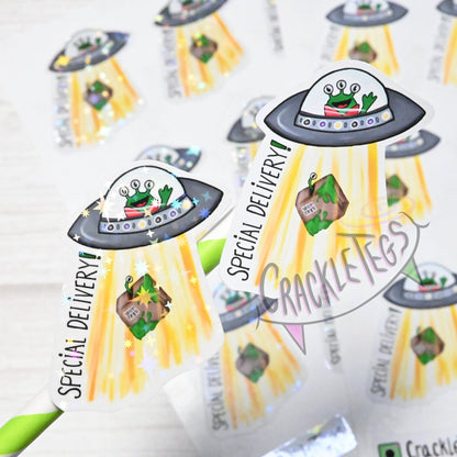 Alien Special Delivery Stickers, Sheet of 9 stickers.