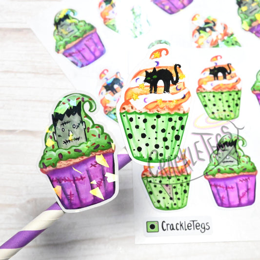 Spooky Halloween Cupcake Stickers, Sheet of 10.