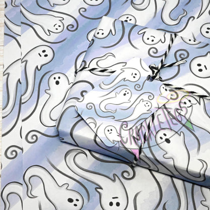 Recycled Ghostly Gatherings Gift Wrap. Set of 2 Sheets & 2 Tags.