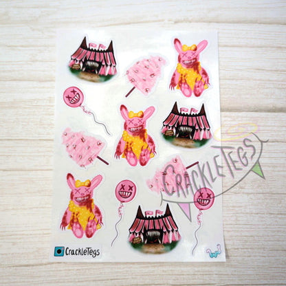 Pink Creepy Carnival Stickers, Sheet of 12.