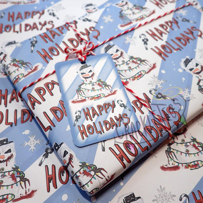 Recycled Evil Snowman Christmas Gift Wrap. Set of 2 Sheets & 2 Tags.