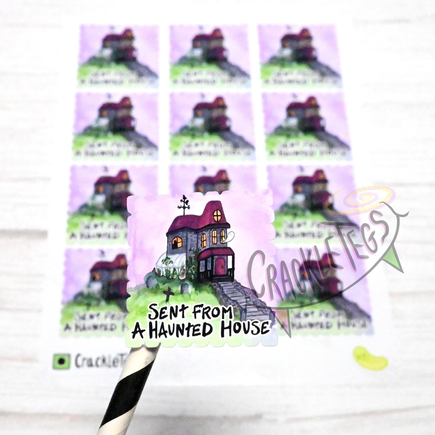 Sent From Haunted House, Return Stamp Stickers. Sheet of 12.