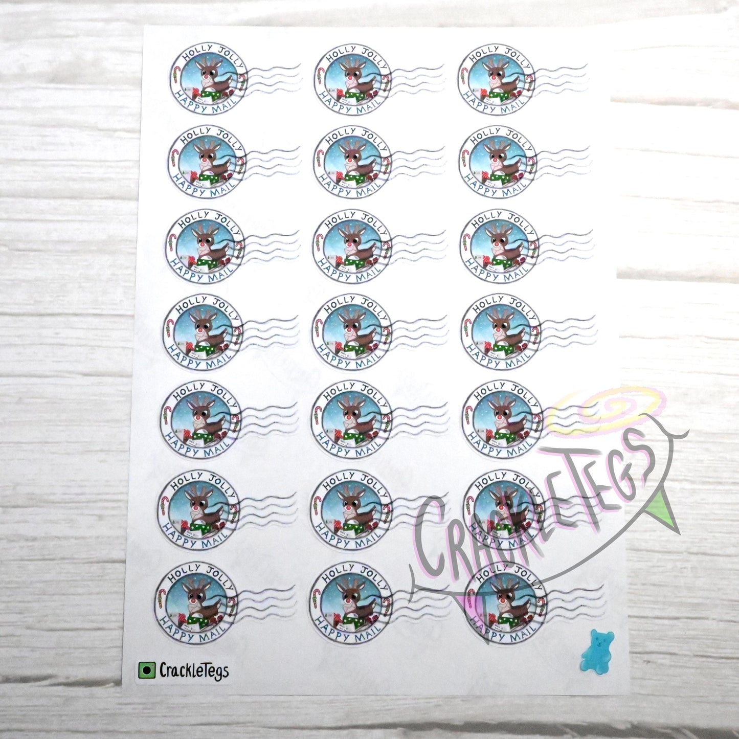 Reindeer Christmas Happy Mail Stamp Stickers, Sheet of 21.