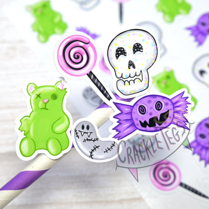 Creepy Crackletegs Candy Stickers, Sheet of 25.
