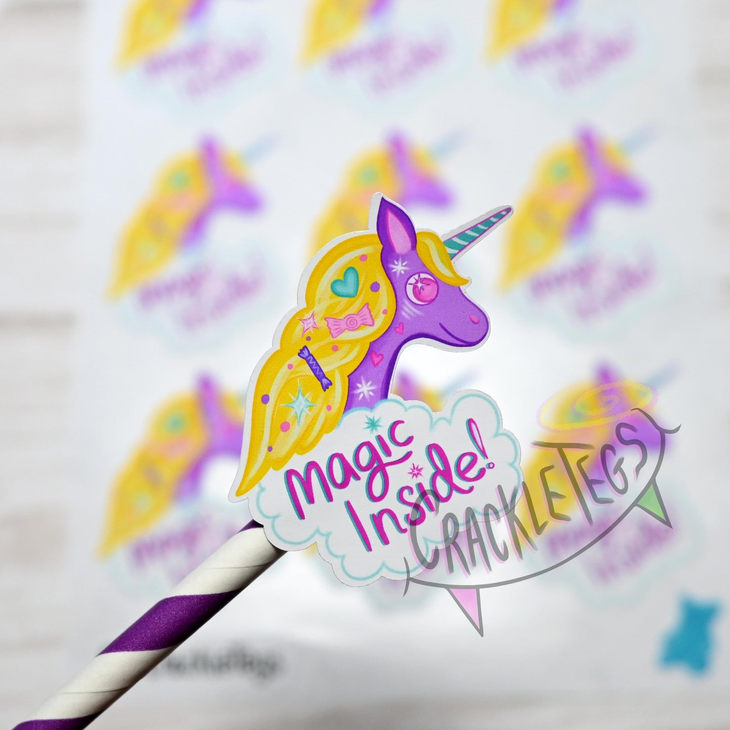 Honey the Unicorn, Magic Inside Stickers. Sheet of 9.