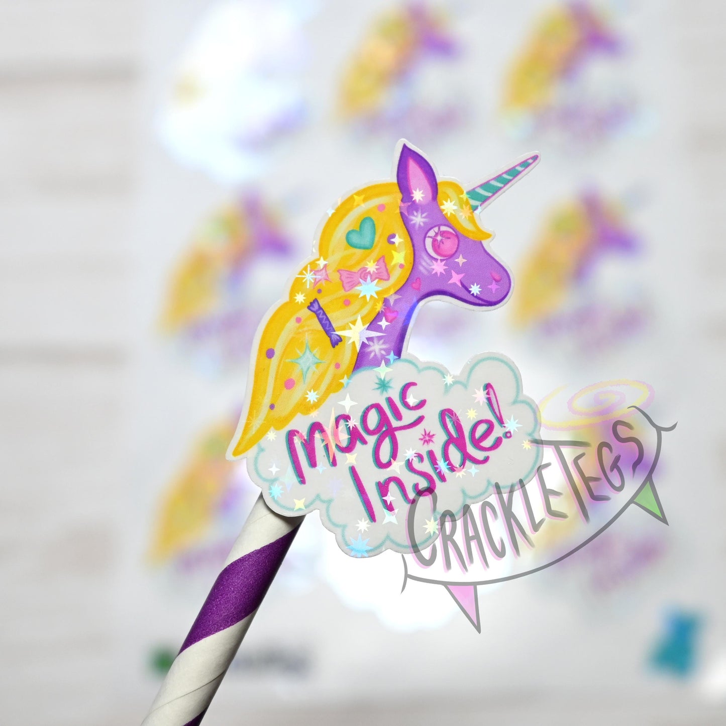 Honey the Unicorn, Magic Inside Stickers. Sheet of 9.