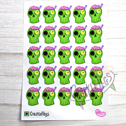 Creepy Zombie Head Stickers, Sheet of 25.