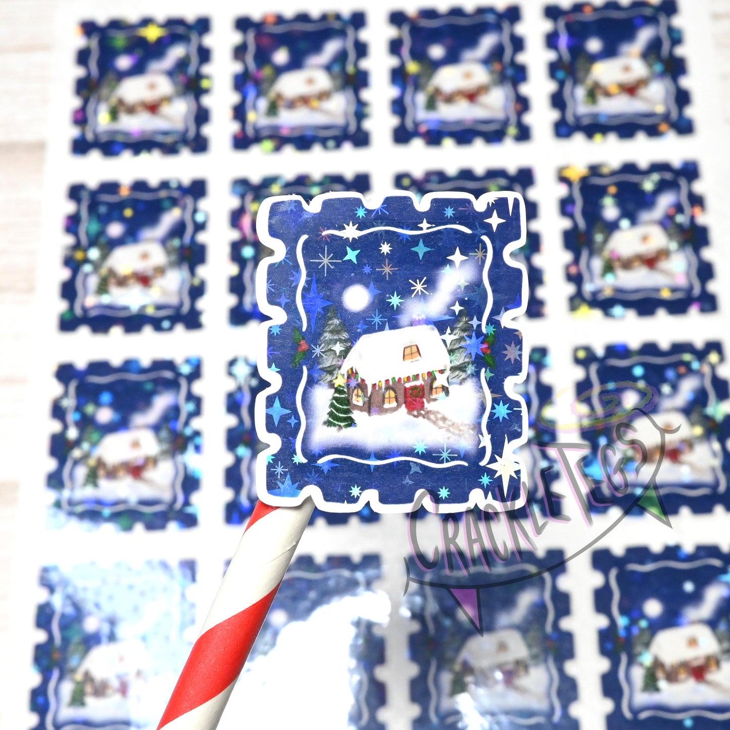 Christmas Cottage Stamp Stickers, Sheet of 16.