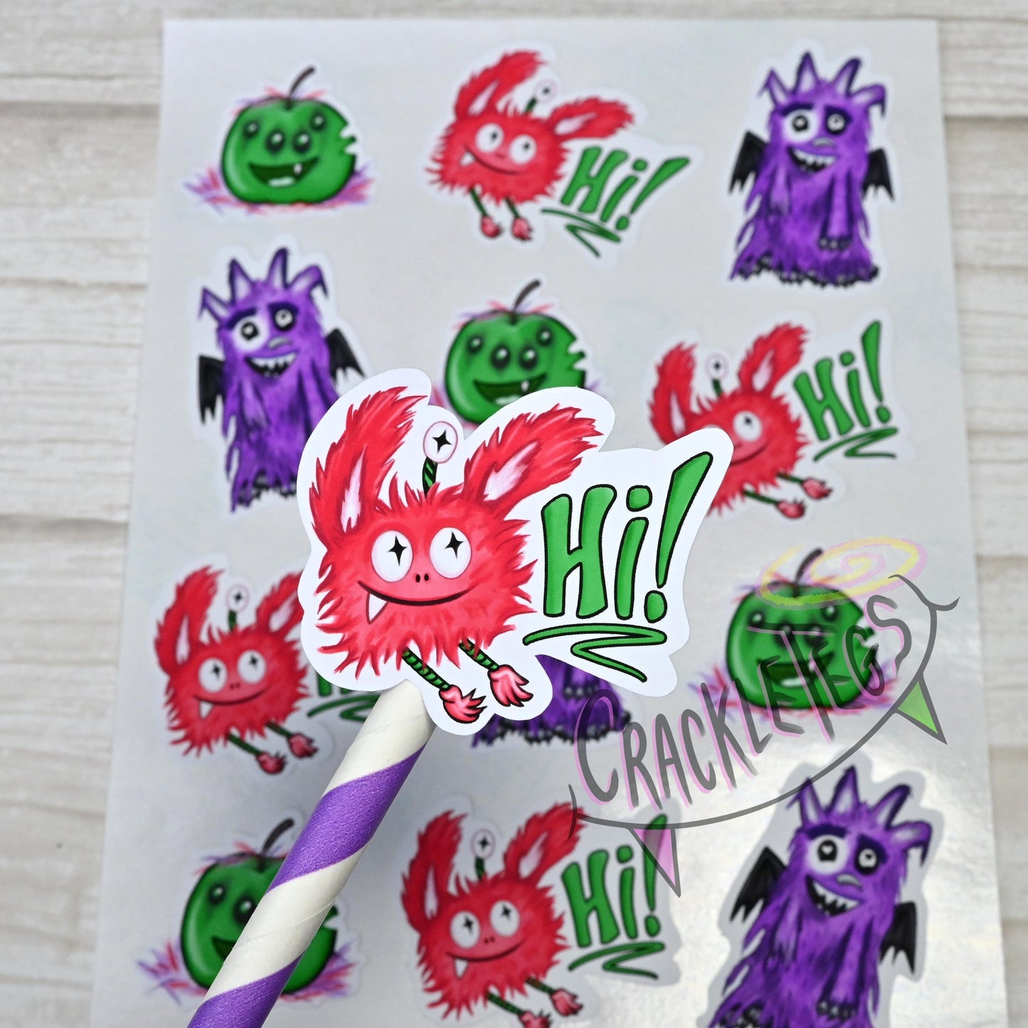 Fizz and Friends Monster Stickers. Sheet of 12 stickers. Hand-drawn & Handmade!