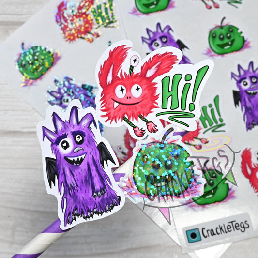 Fizz and Friends Monster Stickers. Sheet of 12 stickers. Hand-drawn & Handmade!