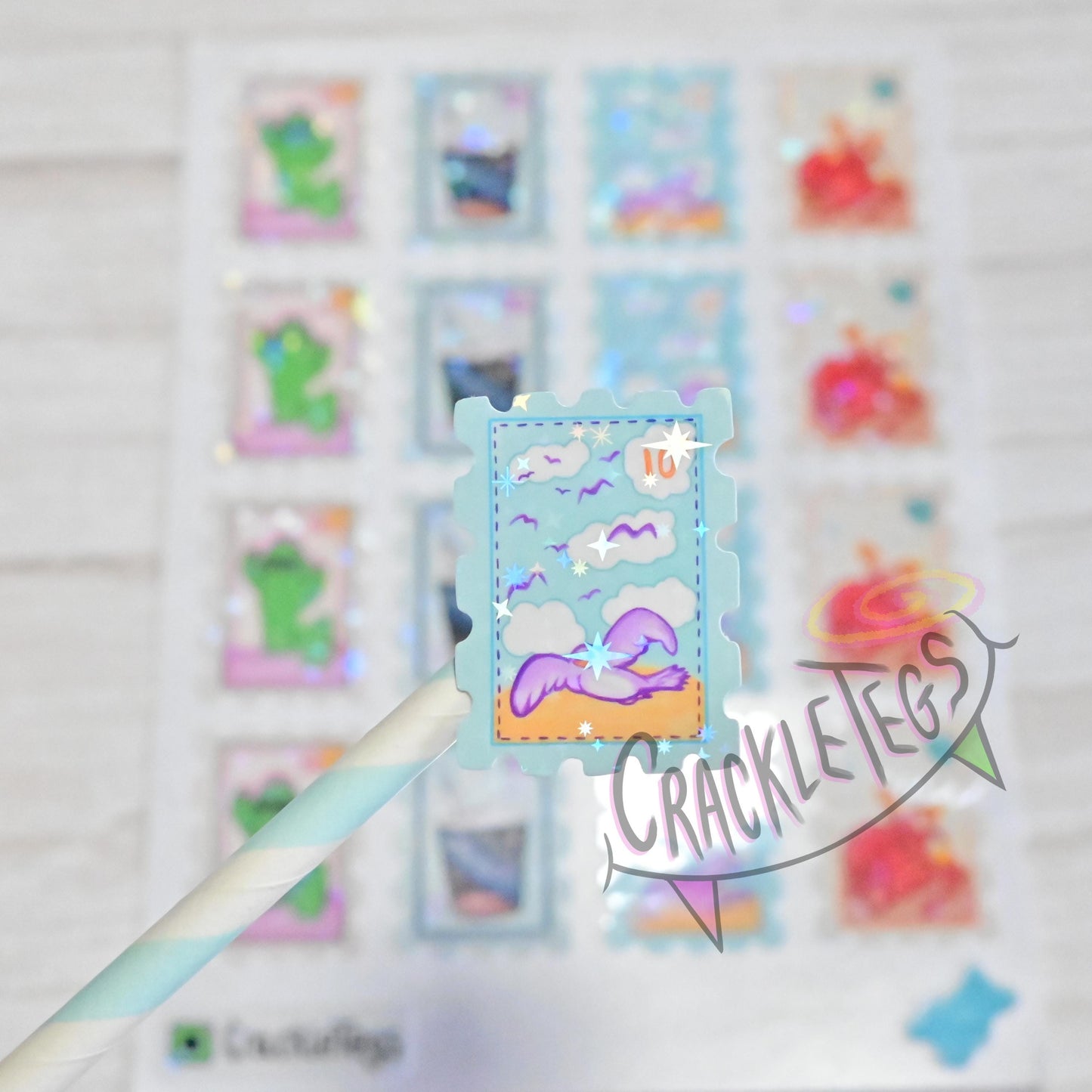 Whimsical Stamp Stickers, Sheet of 16. 4 Different Designs.