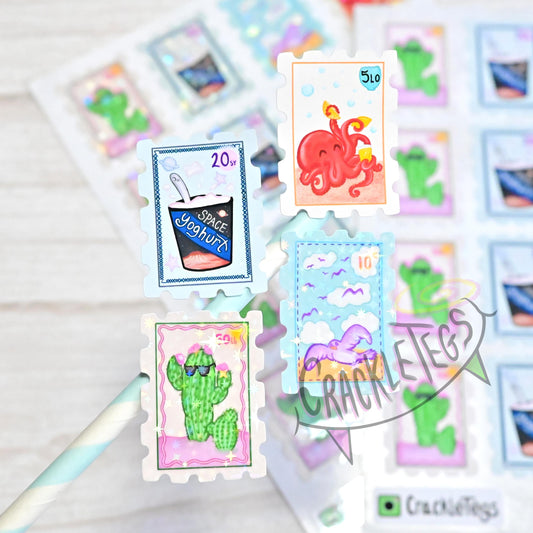 Whimsical Stamp Stickers, Sheet of 16. 4 Different Designs.