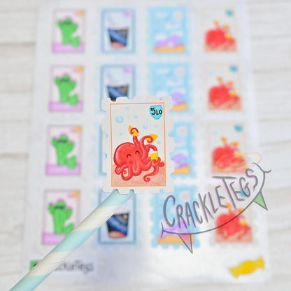 Whimsical Stamp Stickers, Sheet of 16. 4 Different Designs.