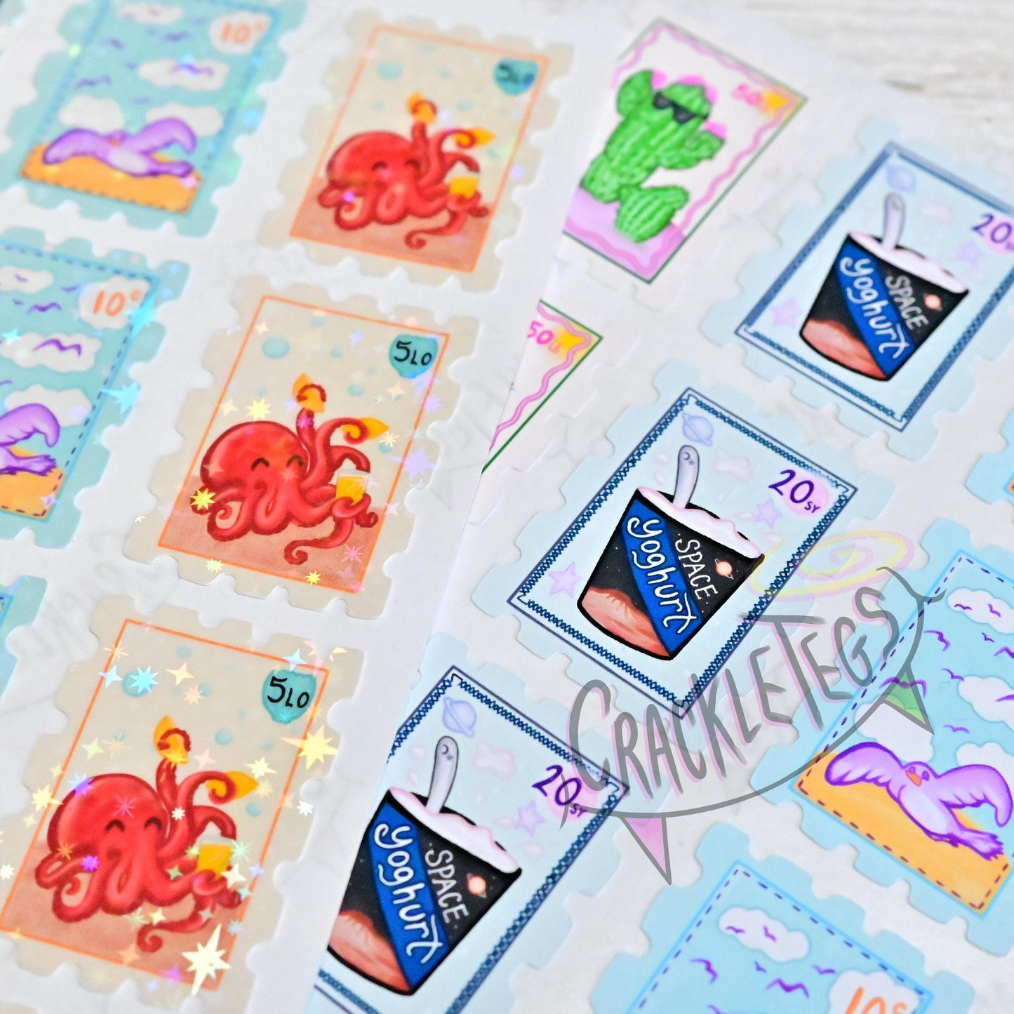 Whimsical Stamp Stickers, Sheet of 16. 4 Different Designs.