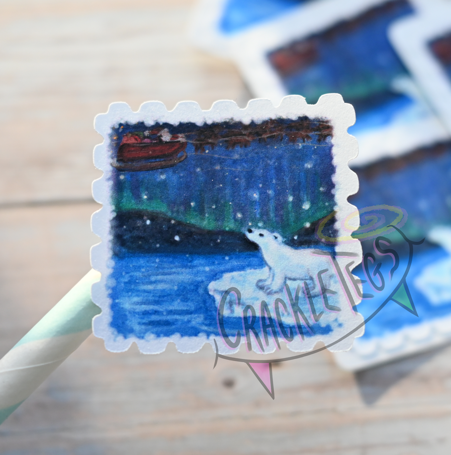 Christmas Polar Night Stamp Stickers. Pack of 8, Originally Hand-Painted.