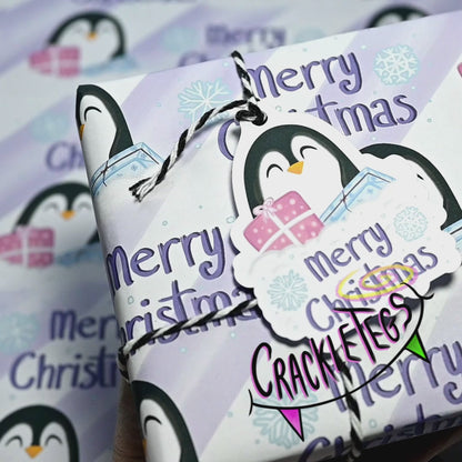 Recycled Penguin Christmas Gift Wrap. Set of 2 Sheets & 2 Tags.