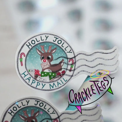Reindeer Christmas Happy Mail Stamp Stickers, Sheet of 21.