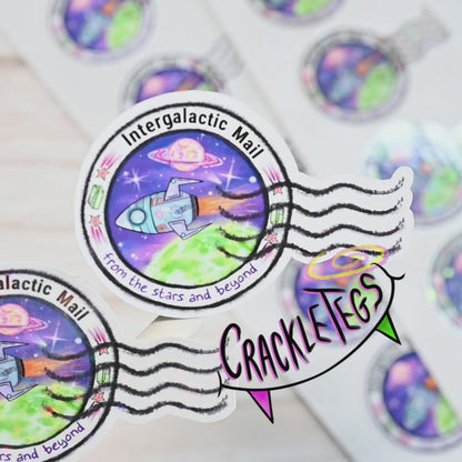 Intergalactic Mail Stamp Stickers, A4 sheet of 21 stickers.