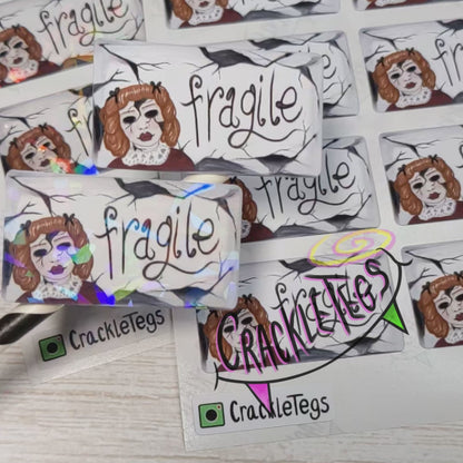 Fragile Scary Doll Stickers, Sheet of 8.