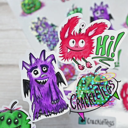 Fizz and Friends Monster Stickers. Sheet of 12 stickers. Hand-drawn & Handmade!