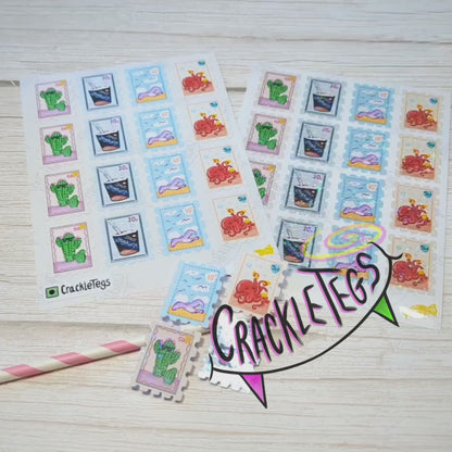 Whimsical Stamp Stickers, Sheet of 16. 4 Different Designs.